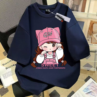 Girls' Pure Cotton Short-Sleeve T-Shirt, Summer 2026 New Style, Featuring Shark and Kitten Designs, Trendy and Versatile Half-Sleeve Top for Older Children — 2
