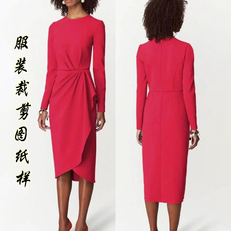 Roman knitted cloth long-sleeved dress pattern princess with the same slim dress spring and autumn model pattern cutting drawing