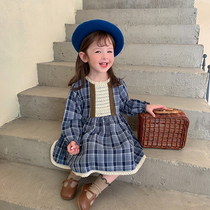 Childrens blue plaid dress long sleeve girl skirt autumn 2020 new foreign style small childrens clothing baby Korean