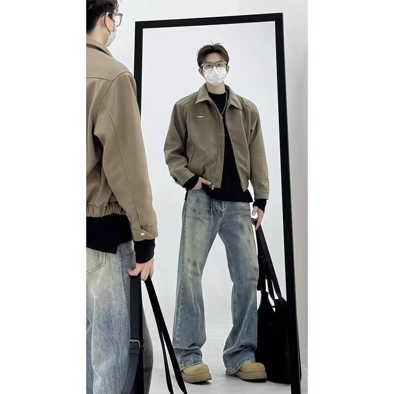 Khaki Casual Versatile Jacket for Men, Spring and Autumn Short Style with Shoulder Pads, Executive Jacket, Young People's American Retro Baseball Jacket Khaki Casual Versatile Jacket for Men, Spring and Autumn Short Style with Shoulder Pads, Executive Jacket, Young People's American Retro Baseball Jacket
