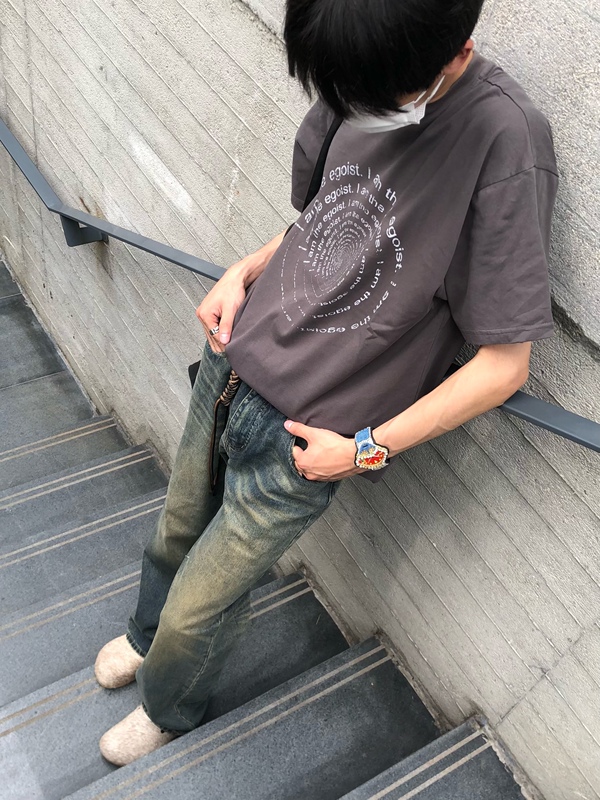 The Egoist Swirl Letter Print Heavy Retro Washed Distressed Cotton Round Neck Short Sleeve T-Shirt