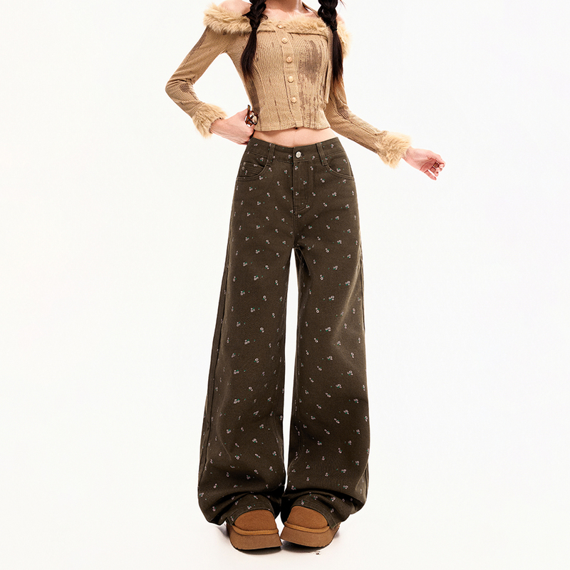Qianqianjia American-Style Jeans with Floral Wide-Leg Design, 2025 New Autumn and Winter Retro Casual Loose Floor-Length Pants