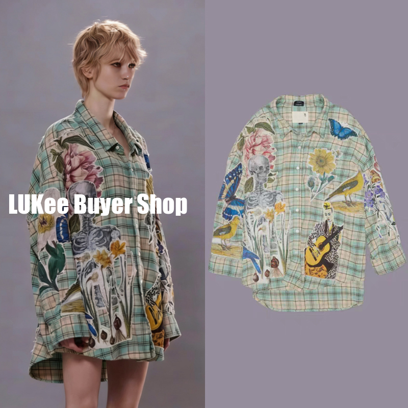 Buyer's Store R13 Shirt, Same Style as Yu Shuxin and Bae Jinyoung, Spring Brushed Plaid Patchwork Floral Embroidered Shirt Jacket