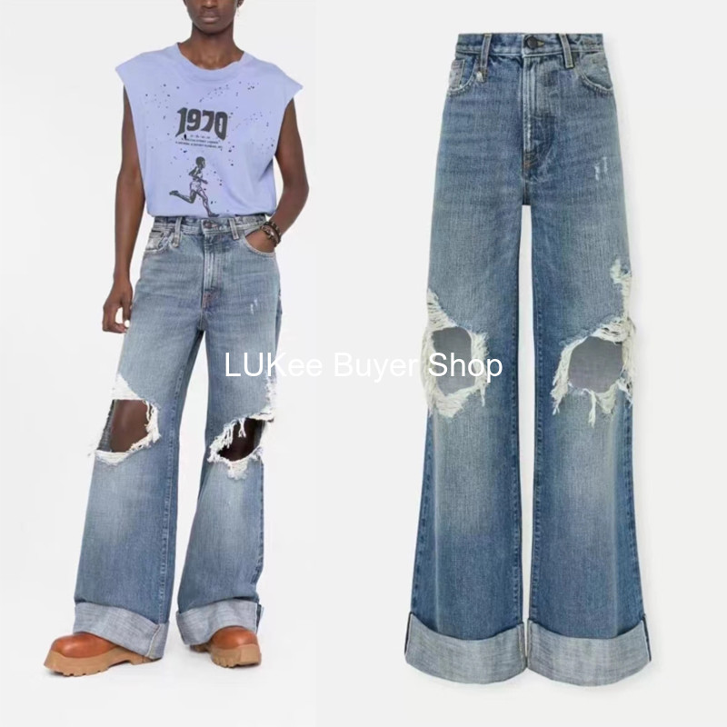 Authentic American R13 Heavy Wash Denim Ripped and Distressed Wide-Leg Long Jeans for Women from a Boutique Store