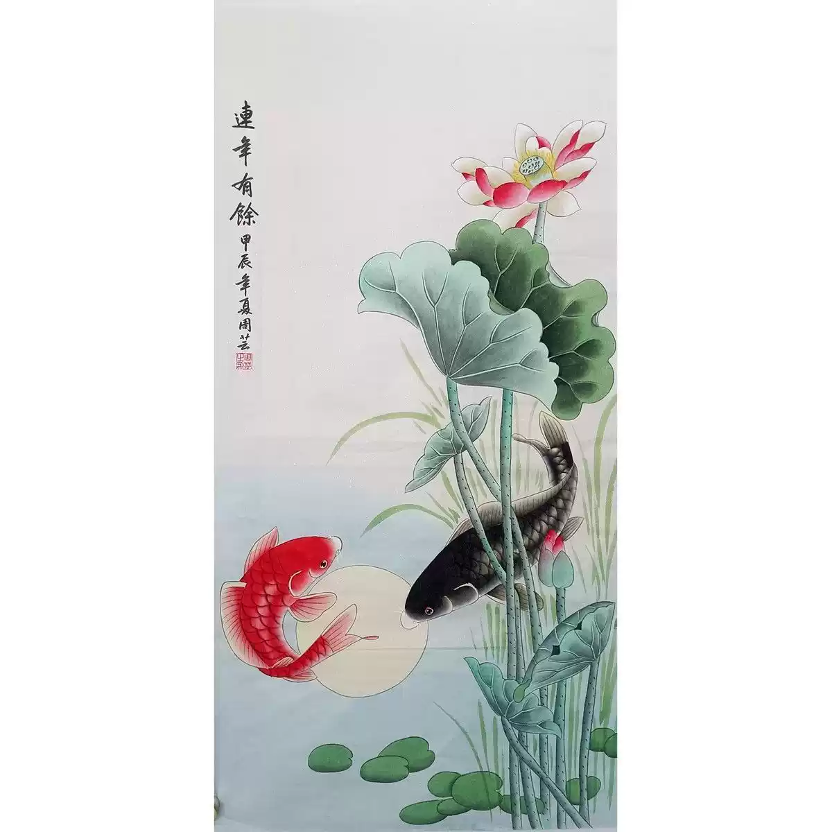 限時特價國畫成品工筆畫荷花鯉魚花鳥畫純手繪三尺帆布條