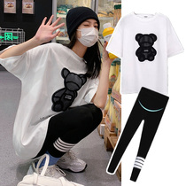 Net red maternity t-shirt summer does not show care to cover the belly loose maternity top fashion suit base two-piece set