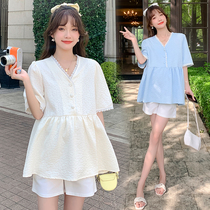 Pregnant woman Packer Summer outings Chaoqi Moms Summer Clothing Short Sleeves Loose Dollshirt Blouse Summer shorts Two sets