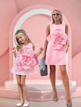 Parents - Child Clothing 2023 New Summer Dress Mother - and - Daughter Superior Feast Dressing Pink Stereo Flower Vest Dress