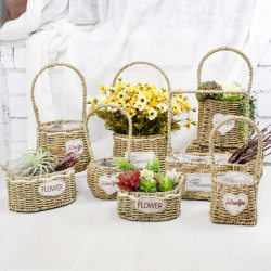 European-Style Creative Hand-Held Flower Basket, Wicker, Straw, and Rattan Baskets, Flower Arrangement, Hand-Woven Blue Succulent Small Flower Pots