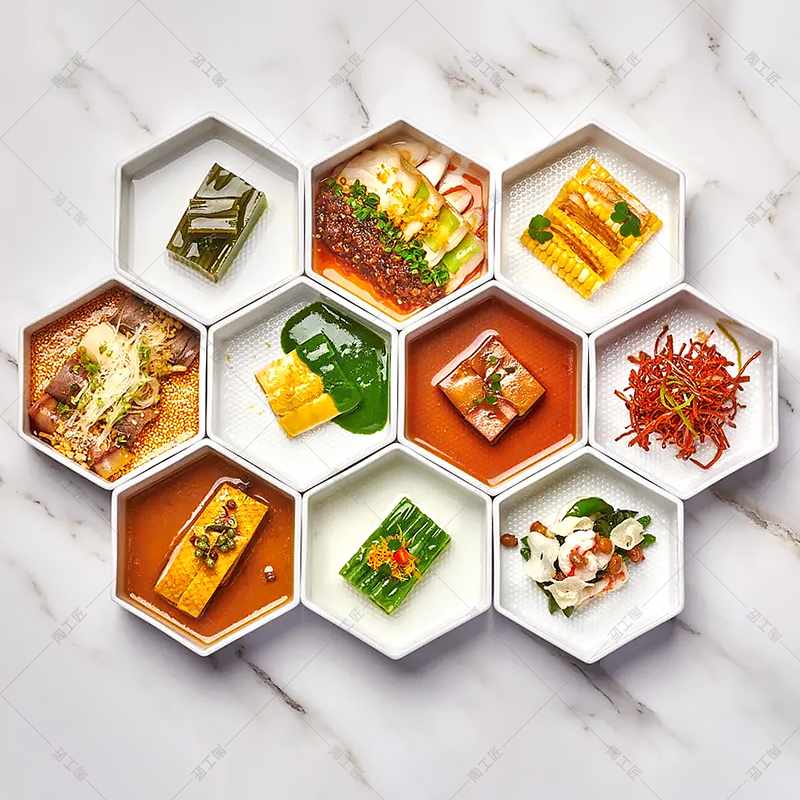 Fashionable dining room creative cold dishes snack platter ceramic hexagonal bowl cold combination Cantonese dim sum bowl hot pot tableware