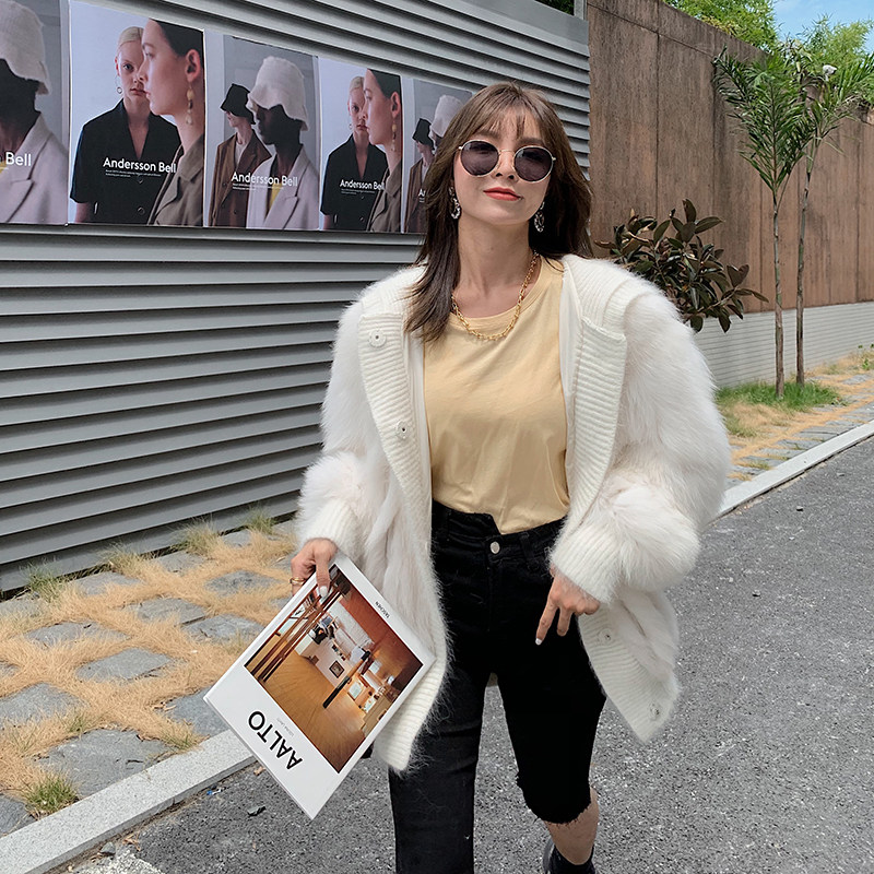 HaiYinn Fur 2021 New Imported Fox Fur Coat Women Patchwork Rabbit Fleece Knit Hooded