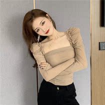 Legal Bubble Cuff lined with pleated web yarn Long sleeves T-shirt Womens spring autumn new Sexy Sexy Conspicuy Hitch Undershirt