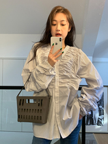WAWA maternity wear 2024 spring cotton loose high-grade pleated spring and autumn versatile professional pregnant mother V-neck shirt top