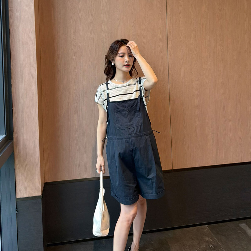 Wawa Maternity Wear Retro Striped Short-Sleeved Denim Overalls Set Summer Age-Reducing Slimming Two-Piece Set Plus Size