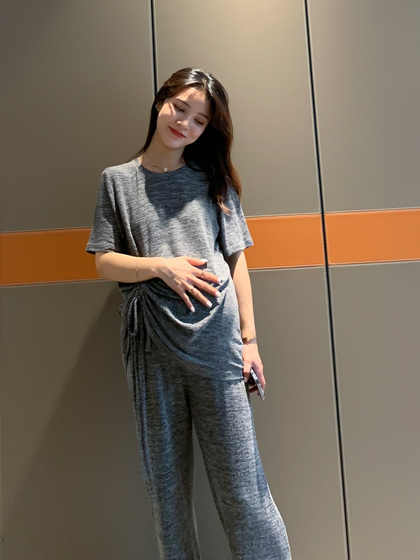 Wawa Maternity Suit Summer Cotton Breathable High-Elastic Slimming Casual T-Shirt Top Adjustable Wide-Leg Pants Two-Piece Set