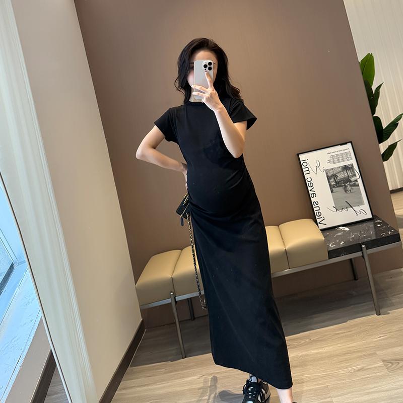 Wawa Maternity Wear Summer Dress Petite Short-Sleeved Simple Slimming Elegant Versatile Maternity Dress Loose Long Dress