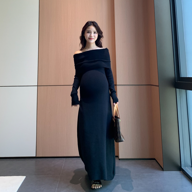 Wawa Maternity Wear Autum Hepburn Style French One-Shoulder Knitted Dress Autum and Winter Slimming Elegant Long Skirt