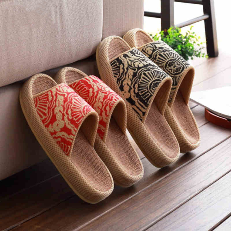 Spring and Autumn Linen Cotton Slippers for Home Use, Indoor Couple Slippers, Men's and Women's Home Shoes, Office Sweat-Absorbing Slippers for Summer