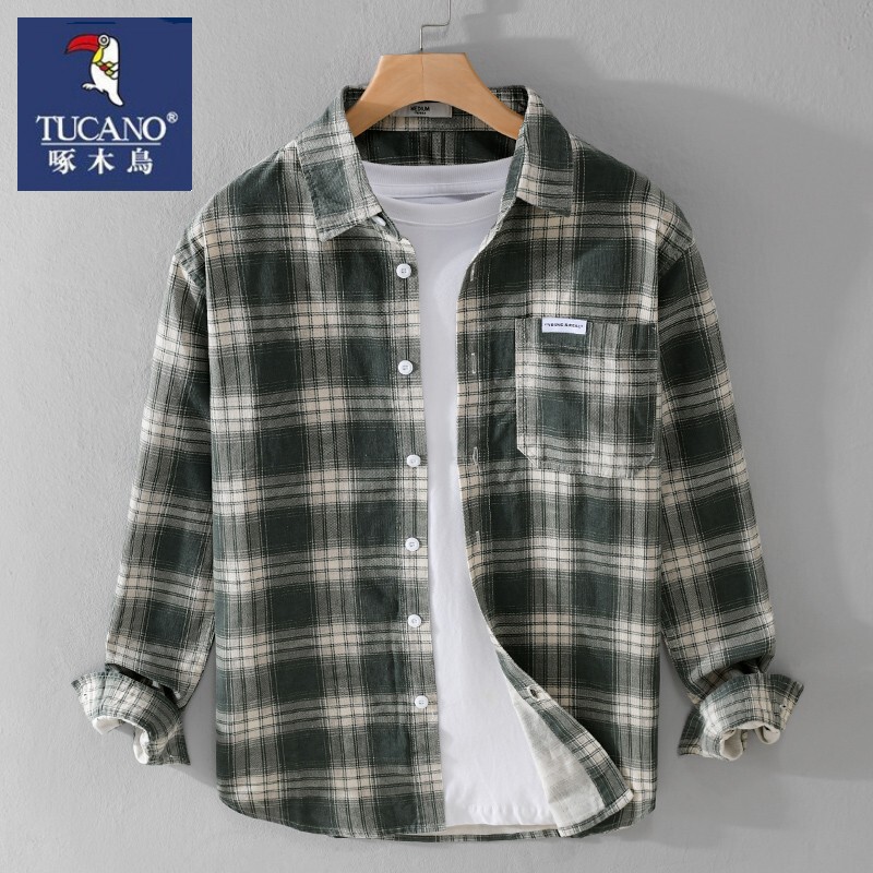 Woodpecker Spring and Autumn Pure Cotton Plaid Shirt for Men and Teenagers, Versatile Long-Sleeved Casual Shirt for Junior High and High School Students