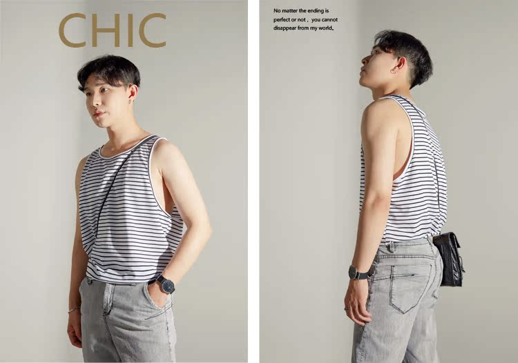 LAZYSTORM Korea High Street hem split-top thun top Áo thun sọc cho nam và nữ cơ sở Áo thun không tay ao the thao