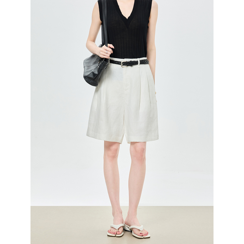 Old Money Style White High-End 100% Hemp Bermuda Shorts for Women, High-Waisted, Slimming, Suitable for Commuting, Summer Thin Style