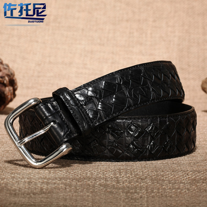 Crocodile leather woven belt men's leather belly belt men's pin buckle cowhide casual simple hand-woven trousers belt