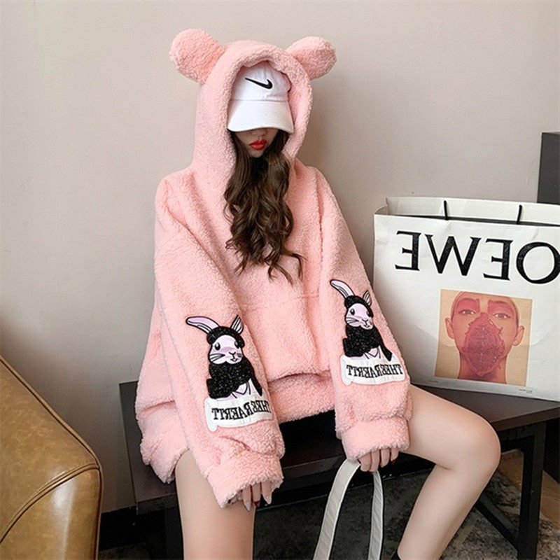 Pregnancy Woman Dress Autumn Winter Sweatshirt Woman 2021 New Lamb Suede Large Size Easy Plus Flannel Thicken covered with cap sports shirt