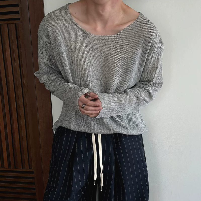 Casual Style Large Neckline T-Shirt for Men, Relaxed Fit, Loose Long-Sleeve Pullover, Textured Knit Brushed Base Shirt