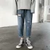 Quần cá tính nam vá lỗ quần jeans nam thủy triều thương hiệu hip-hop chín điểm Quần cũ lỏng quần thẳng - Quần jean quần tây nam Quần jean