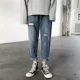 Quần cá tính nam vá lỗ quần jeans nam thủy triều thương hiệu hip-hop chín điểm Quần cũ lỏng quần thẳng - Quần jean quần tây nam