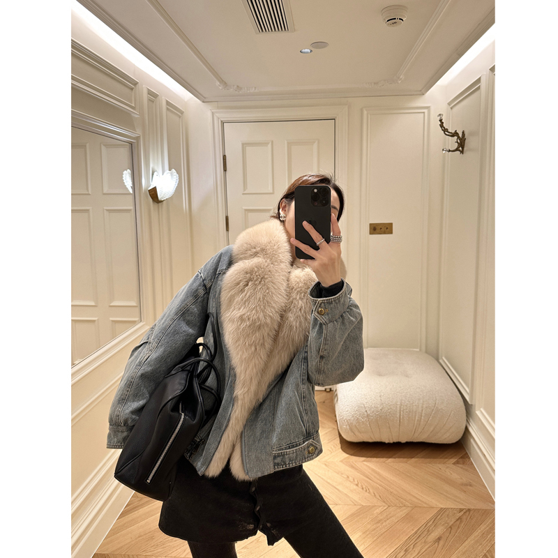 Ali Fox Fur Washed Denim Parka Women's 2026 New Workwear Jacket down Coat Fur Outerwear Overcoat