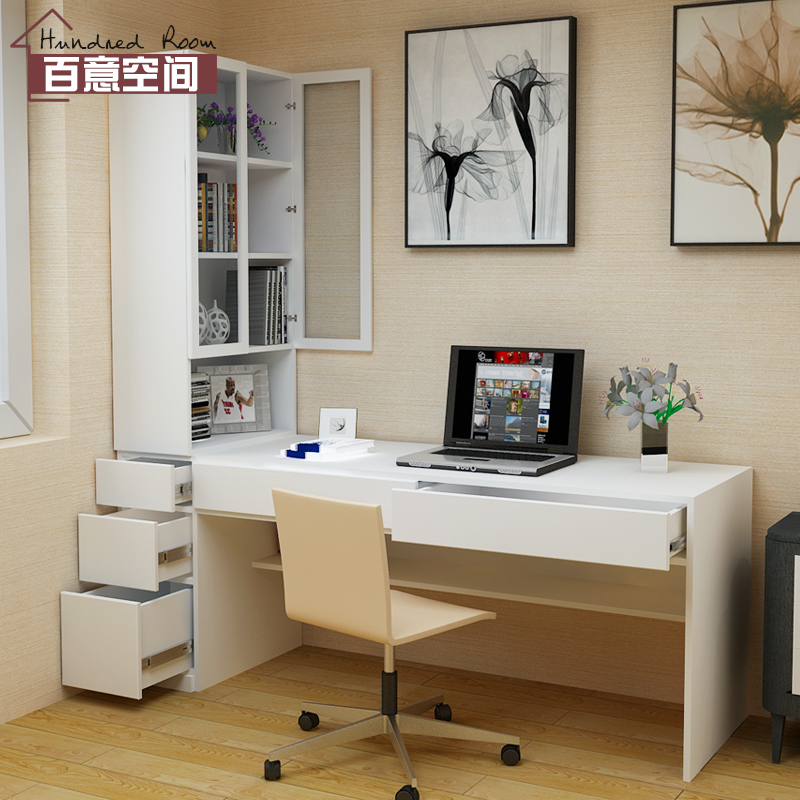 Custom home bedroom Book room Double computer desk Double Bookcase Desk Bookcase Combo Desktop Writing Desk-Taobao