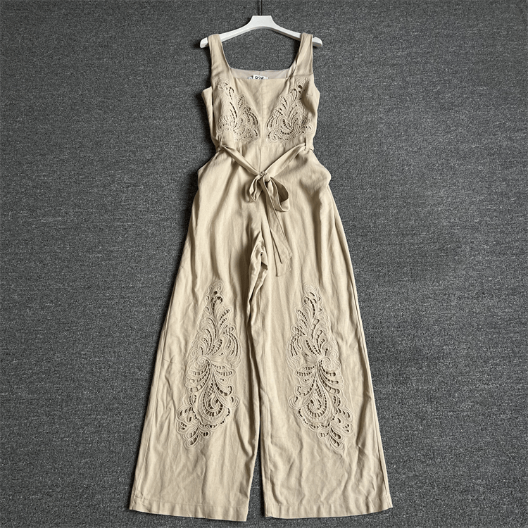 European and American Style Linen and Rayon Blend Hollow-Out Embroidered Tank Top Jumpsuit for Women, Square Neck, Waist-Cinching, Wide-Leg Pants, Summer Jumpsuit European and American Style Linen and Rayon Blend Hollow-Out Embroidered Tank Top Jumpsuit for Women, Square Neck, Waist-Cinching, Wide-Leg Pants, Summer Jumpsuit