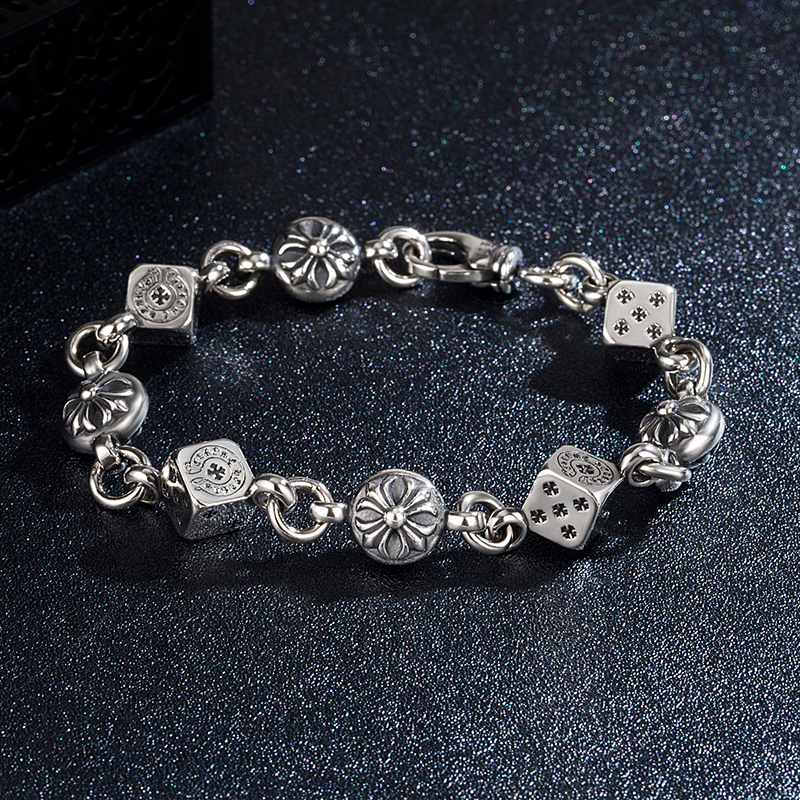S925 Sterling Silver Dice Bracelet for Men, Personalized Punk Vintage Cross Flower Bracelet, Trendy Hip-Hop Silver Accessory, Couple's Fashion