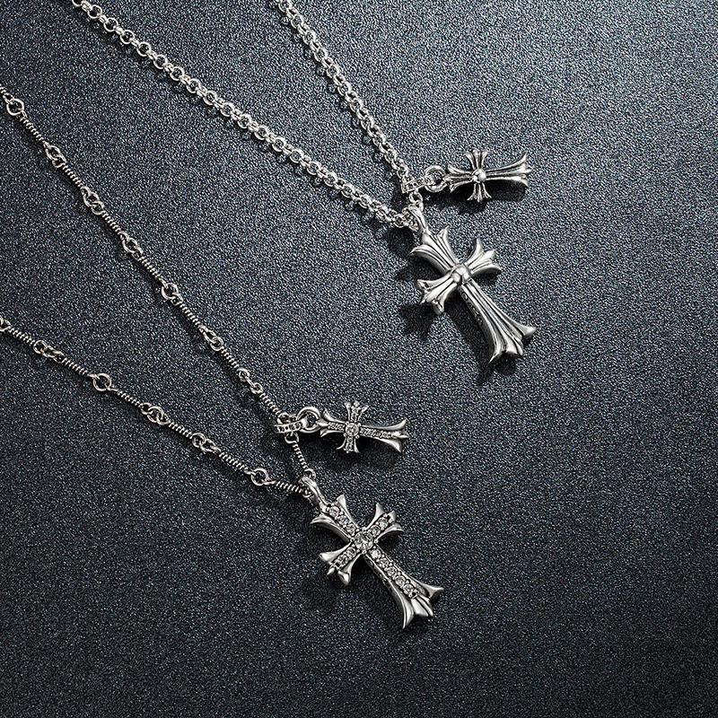 S925スターリングシルバーレトロクロスネックレスメンズパーソナリティダブルクロスペンダントダイヤモンドパンクセーターチェーン女性カップル