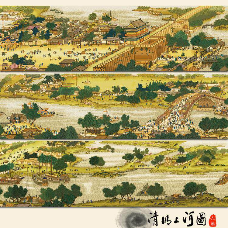Cross-stitch thread embroidery new style of Qingming Shanghe map panoramic painting full embroidery 3 meters 2022 mountain and river map 2 meters ancient silk cloth