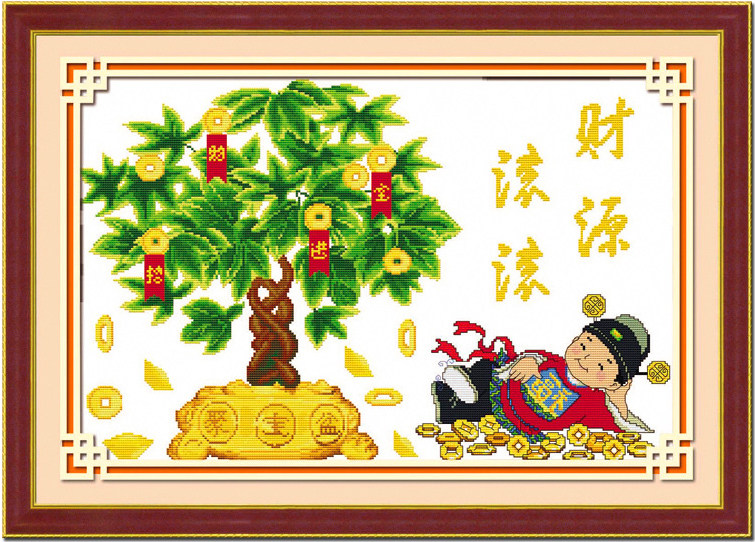 Cross stitch wealth is rolling in to attract wealth and treasure money tree, God of Wealth, cornucopia new 2022 cotton thread embroidery small pieces