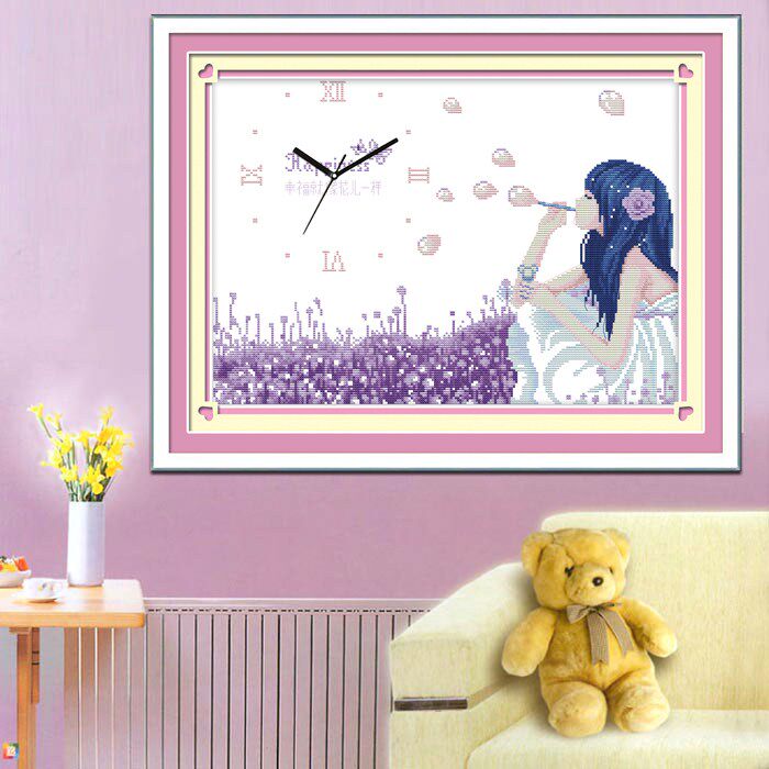 Clock cross stitch 2022 new thread embroidery blowing bubble girl bedroom student children small home warm handmade