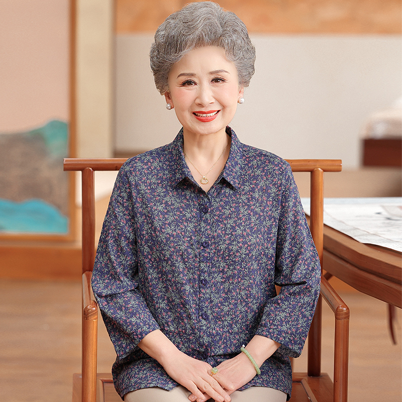 Grandma's Pure Cotton Shirt, Mother's Wife's Three-Quarter Sleeve Shirt, Women's 70-Year-Old and 80-Year-Old Elderly Spring and Summer Outfit Set
