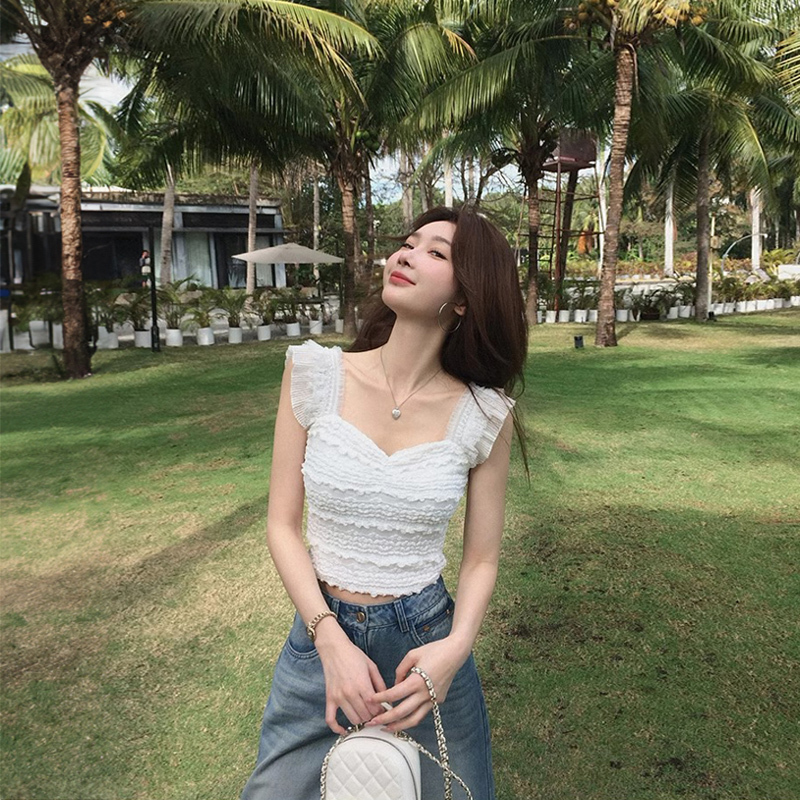White Lace Camisole for Women, Summer 2026 New Style, Small Flutter Sleeves, Stunning Backless Sleeveless Top