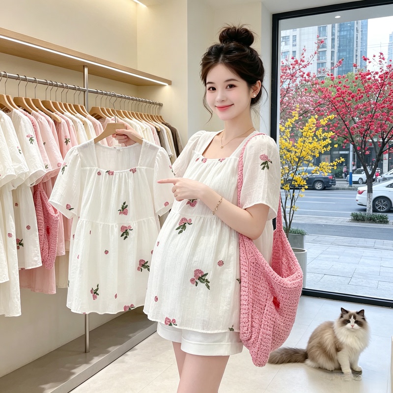 Maternity Tops for Summer, Sweet Square Collar, Floral Embroidery, Loose Short-Sleeved Chiffon Babydoll Shirt, Shorts Two-Piece Set