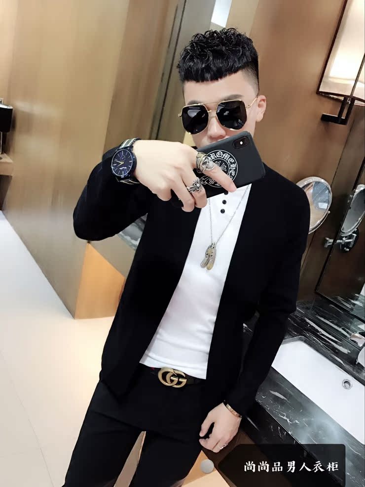 Thu đông mới 2018 Thời trang nam Hàn Quốc Áo len mỏng cardigan giả hai vòng cổ đan áo khoác nam áo nam