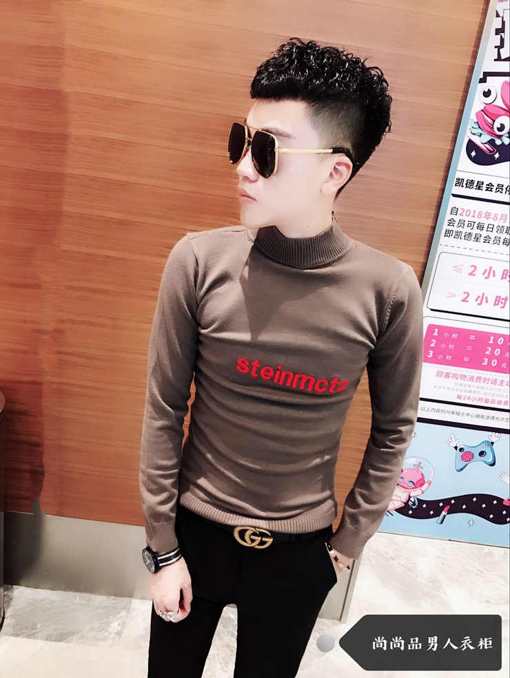 Áo len cổ lọ nửa mùa thu đông 2018 phiên bản nam Hàn Quốc tự trồng trong cổ áo sơ mi thêu chữ áo len dài tay thủy triều áo thun nam
