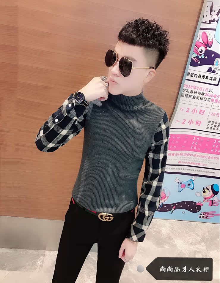 Áo len nam mùa đông 2018 mới cổ cao nửa cổ giả giả áo hai dây mỏng thời trang Hàn Quốc kẻ sọc ao len nam
