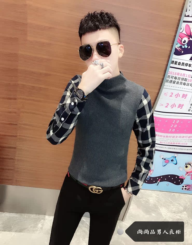 Áo len nam mùa đông 2018 mới cổ cao nửa cổ giả giả áo hai dây mỏng thời trang Hàn Quốc kẻ sọc ao len nam