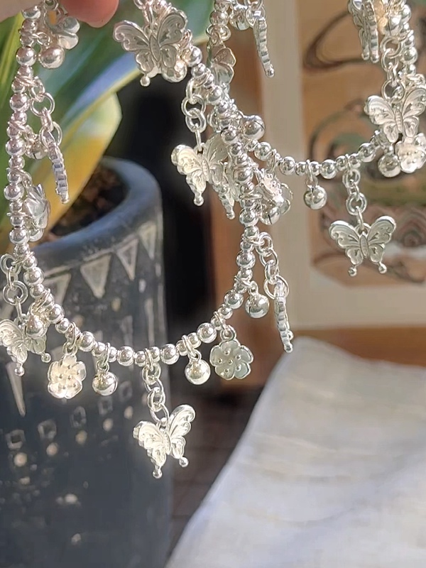 Original Design Lianlian Shantao S925 Sterling Silver Plain Silver Butterfly Peach Blossom Bell Bracelet Anklet Antique Style Niche Women's
