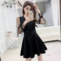 Ningsha 2021 spring new sexy mesh long-sleeved V-neck waist small black dress French niche dress children