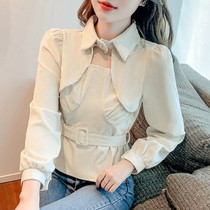 The hollow tops girl 2022 early autumn fake two design sensibility fashion gas and waist slim thin shirt