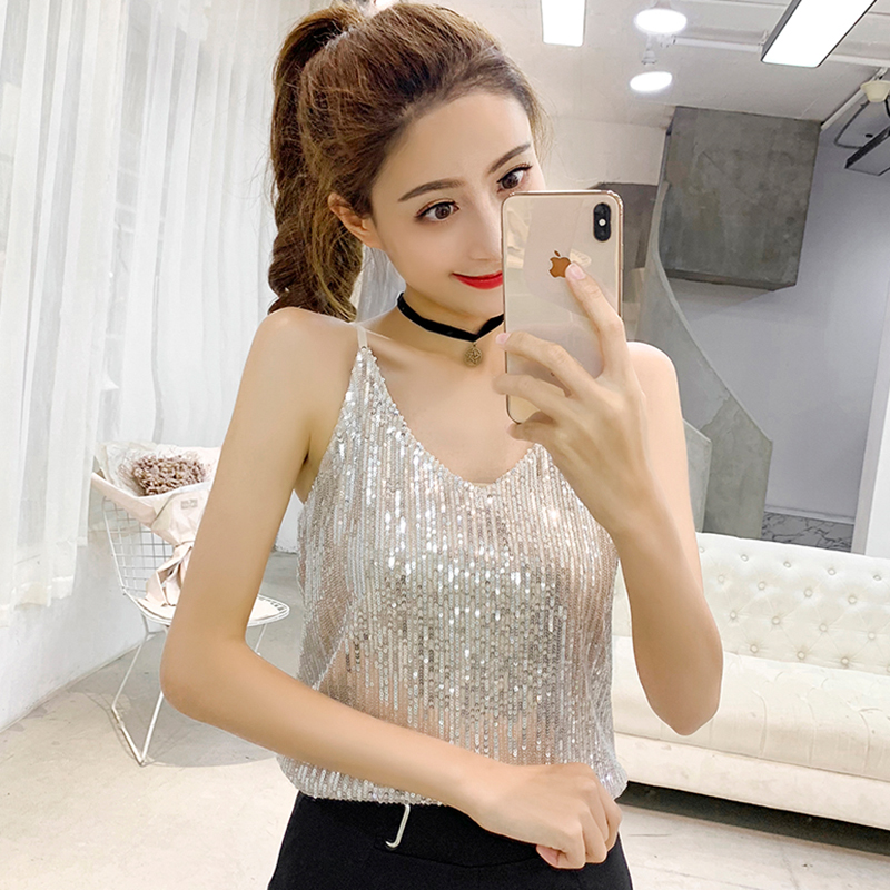 Heartwater harness outside wearing 2022 Summer new Korean version sexy sparkling sequin V collar female fashion casual vest woman