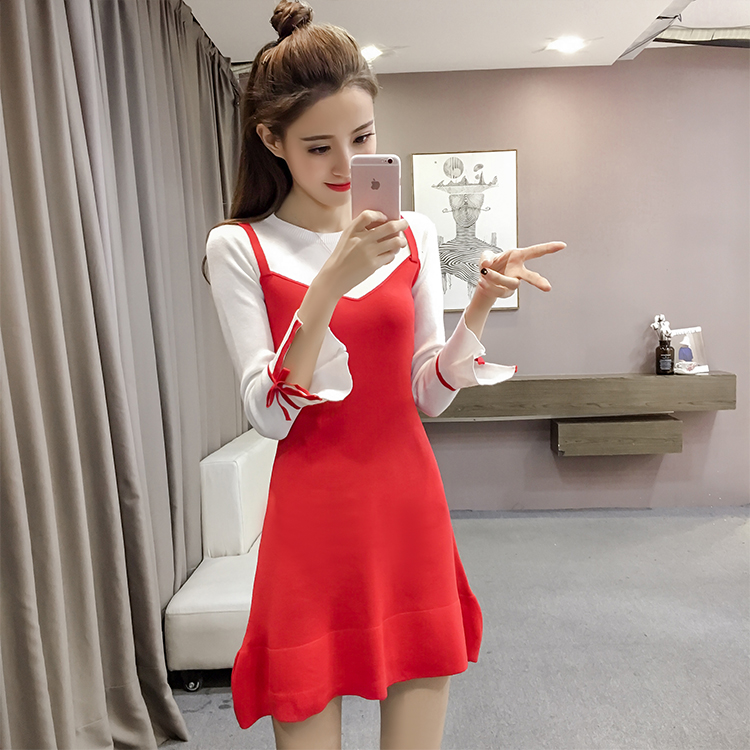 2018 mùa thu Hàn Quốc phiên bản của Hàn Quốc phiên bản của va chạm màu hai mảnh khảm đầm nữ Slim mỏng cổ tròn dài tay Một từ váy váy chữ a công sở